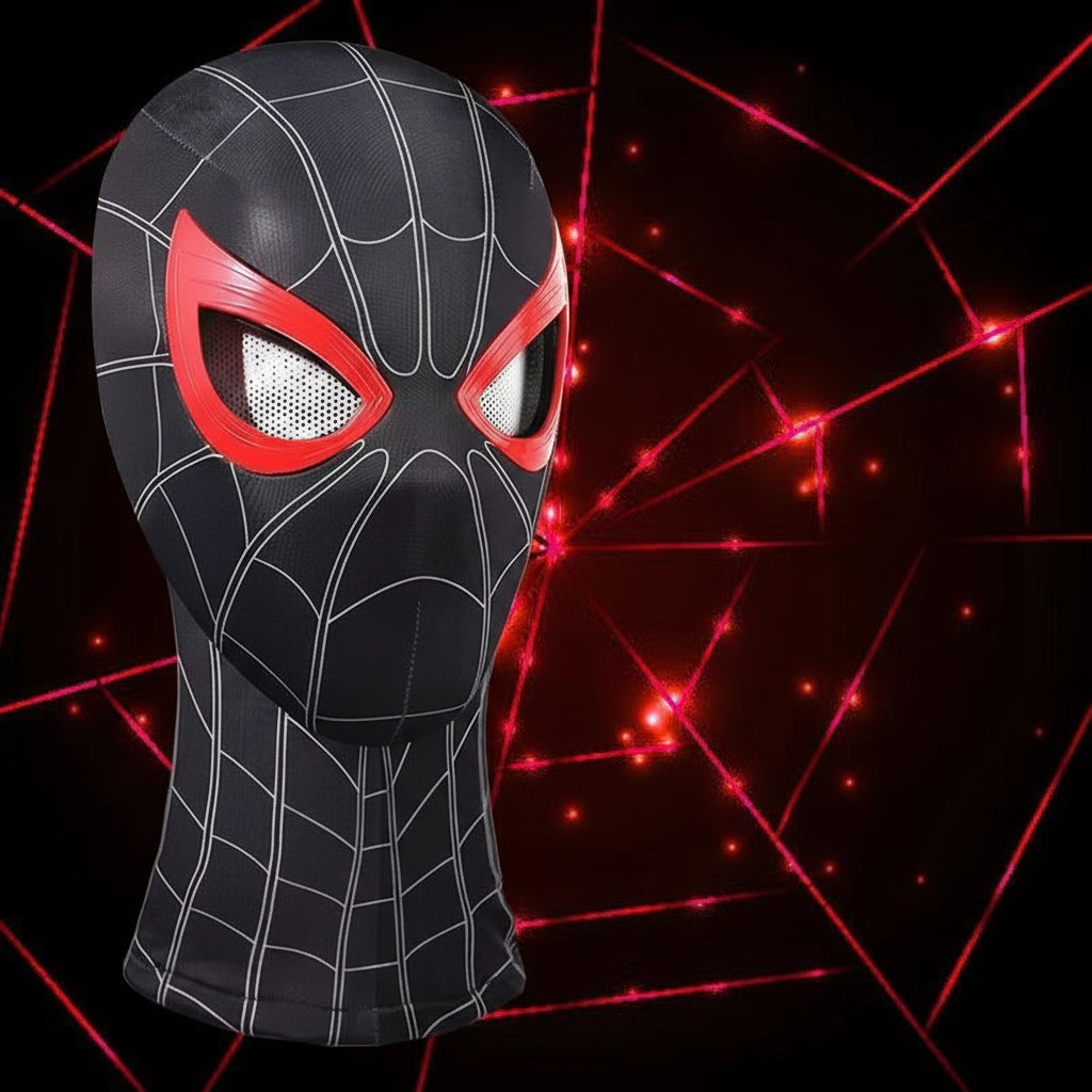 A black and red Spider-Man style mask with white web lines and large red eye cutouts, shown against a dark background.
