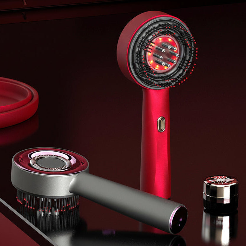 Red and gray Cordless Electric Scalp and Hair Massager on a dark background
