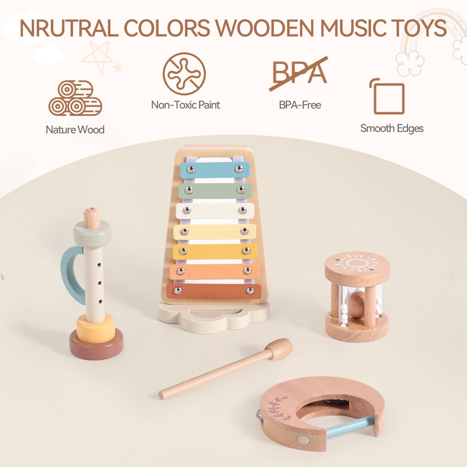 Set of wooden music toys with neutral colors on a beige background, featuring icons for nature wood, non-toxic paint, BPA-free, and smooth edges.