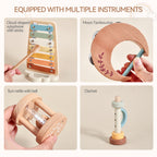 Collage of wooden musical instruments including a xylophone, tambourine, rattle, and clarinet on a beige background.