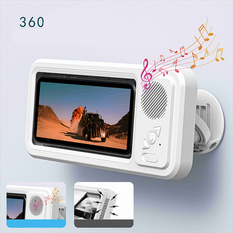 White waterproof speaker system with a built-in display screen showing a desert scene, decorative music notes floating from the side, and two small feature inset images at the bottom on a light blue background.