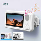 White waterproof speaker system with a built-in display screen showing a desert scene, decorative music notes floating from the side, and two small feature inset images at the bottom on a light blue background.