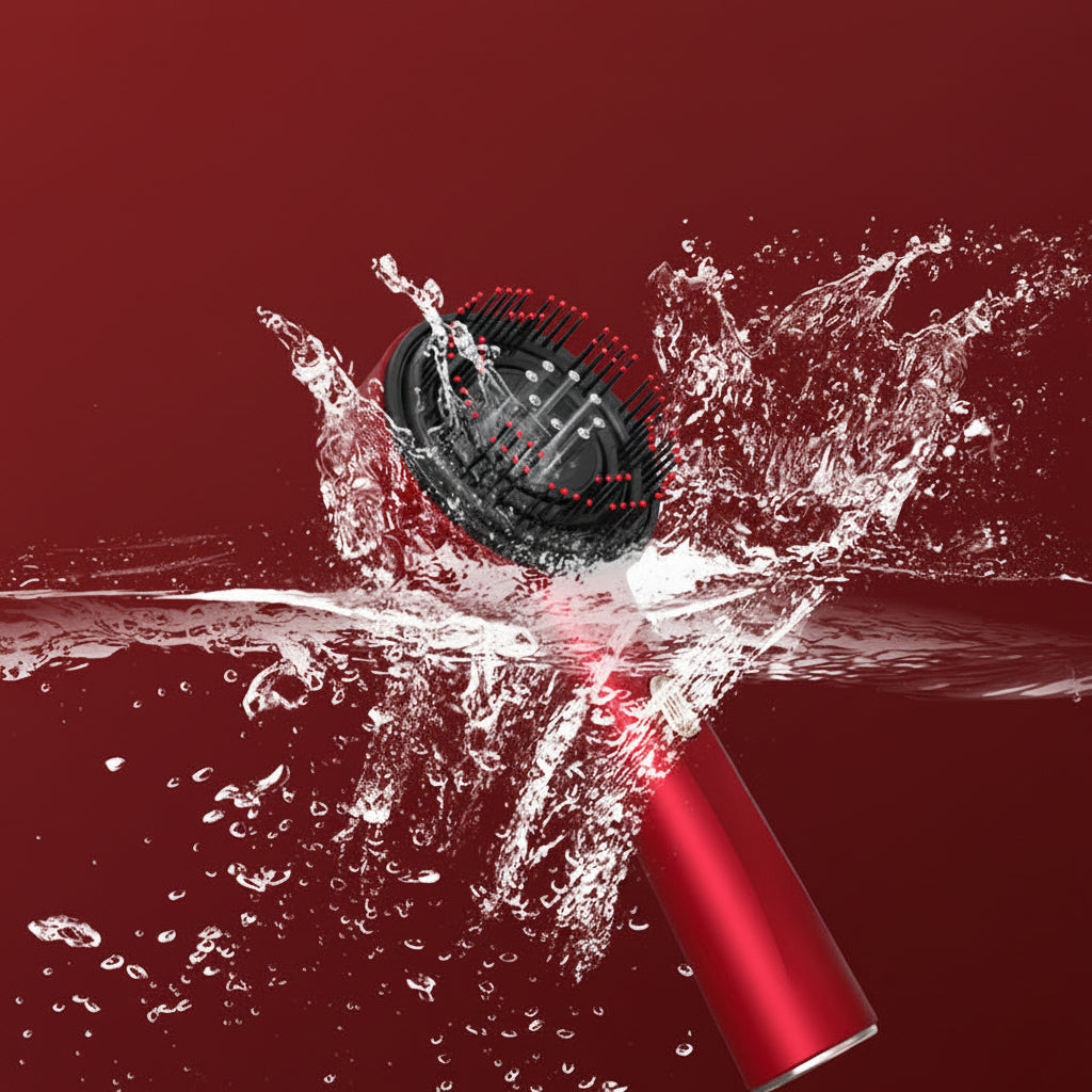 Red handheld showerhead with water splashes on a red background.