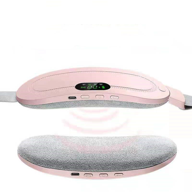Pink and gray electronic massage belt shown from two angles on a white background.