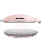 Pink and gray electronic massage belt shown from two angles on a white background.