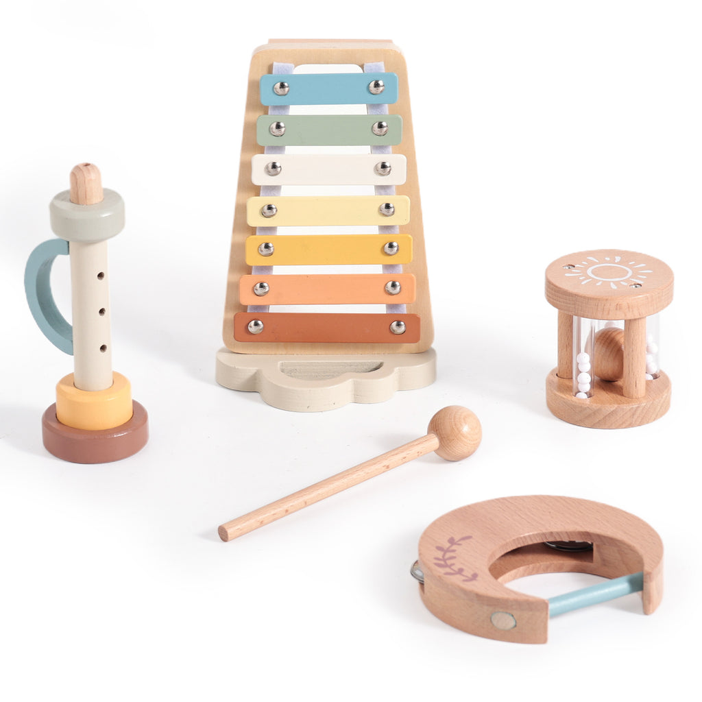 Set of wooden musical instruments on a white background