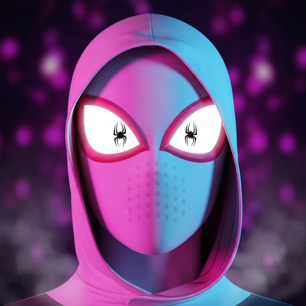 A pink and blue Spider-Man-style mask with glowing white eyes and spider symbols.