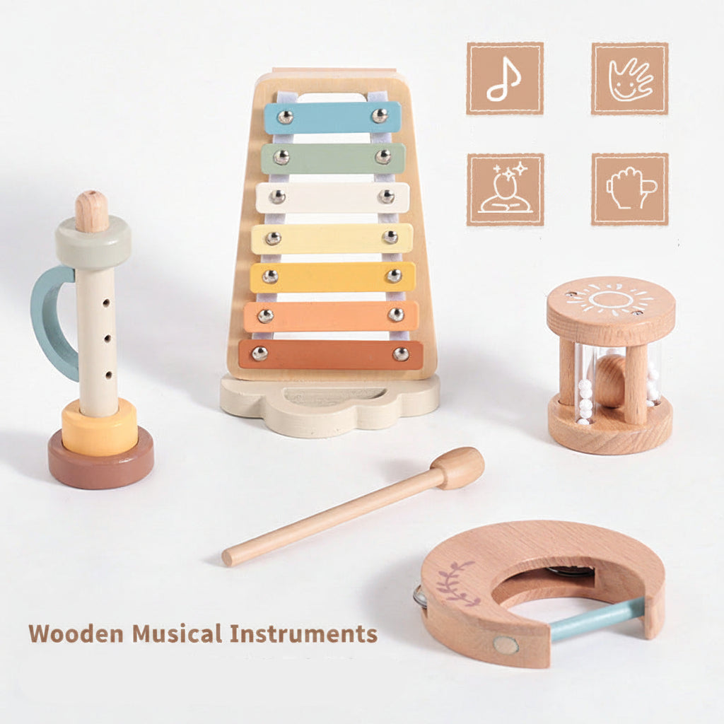 Set of wooden musical toys on a white background with icons and text.