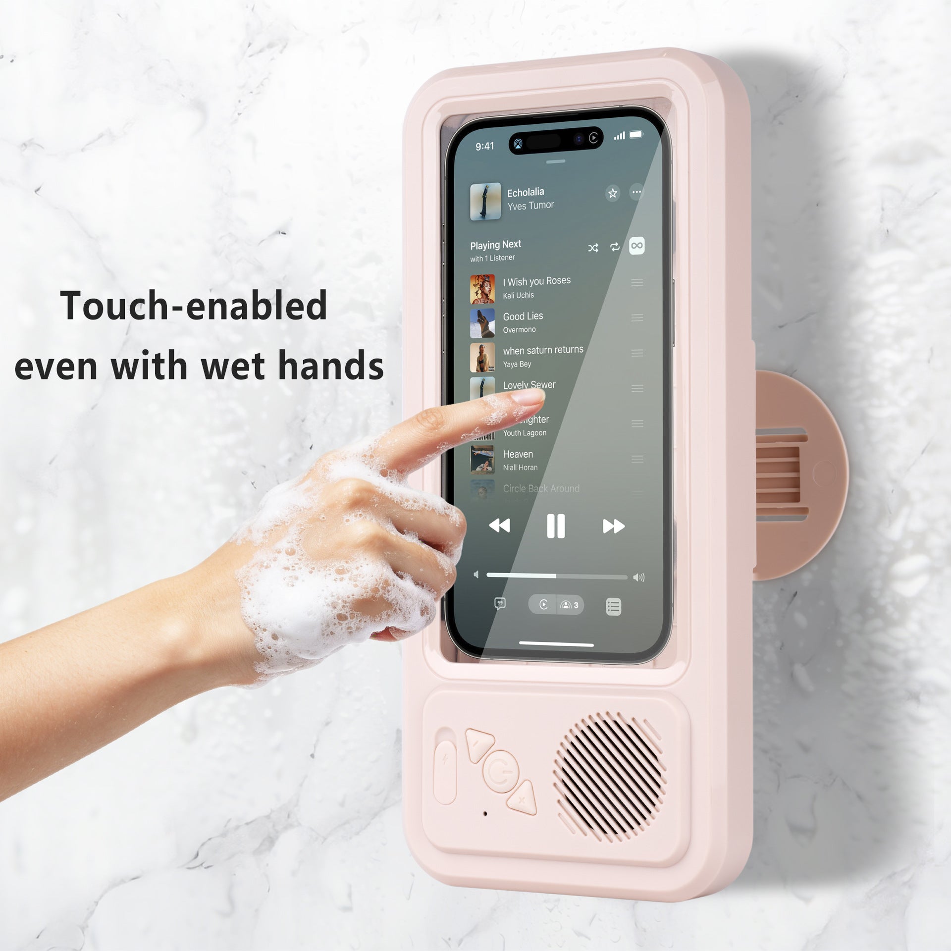 Smartphone holder with screen displaying music app, hand touching screen, on a white background.