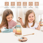 Two children playing with wooden toys at a table, surrounded by icons indicating developmental benefits.