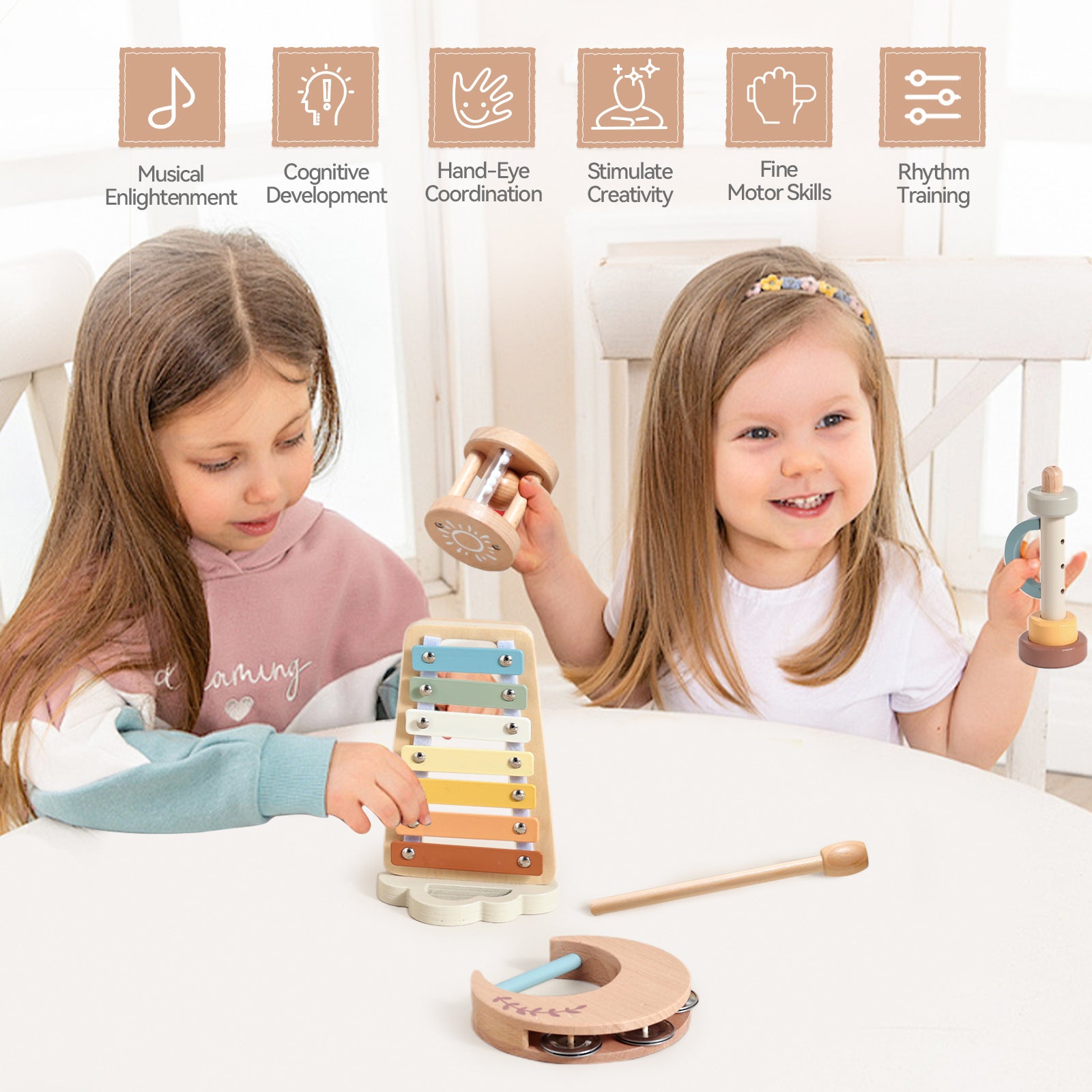 Two children playing with wooden toys at a table, surrounded by icons indicating developmental benefits.