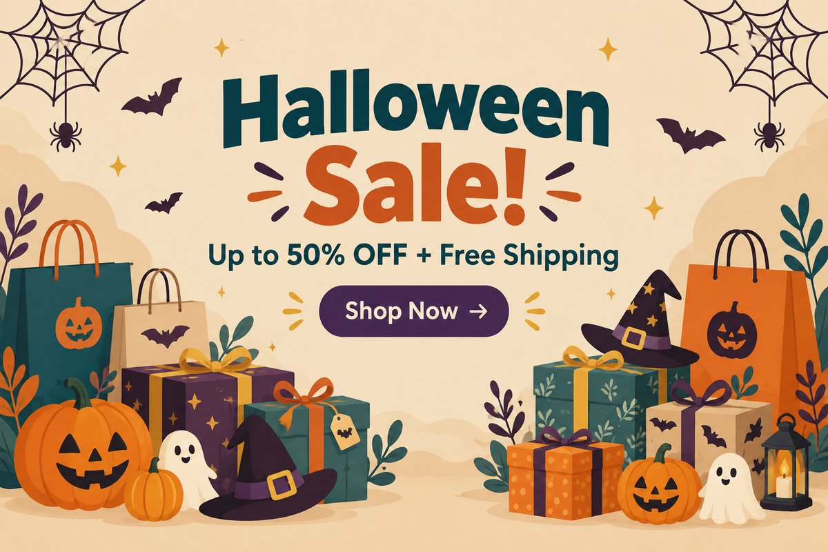 Halloween sale promotional graphic with the text 'Halloween Sale! Up to 50% OFF + Free Shipping' and a 'Shop Now' button, surrounded by illustrated pumpkins, gift boxes, witch hats, spiders, bats, and spiderwebs on a beige background.